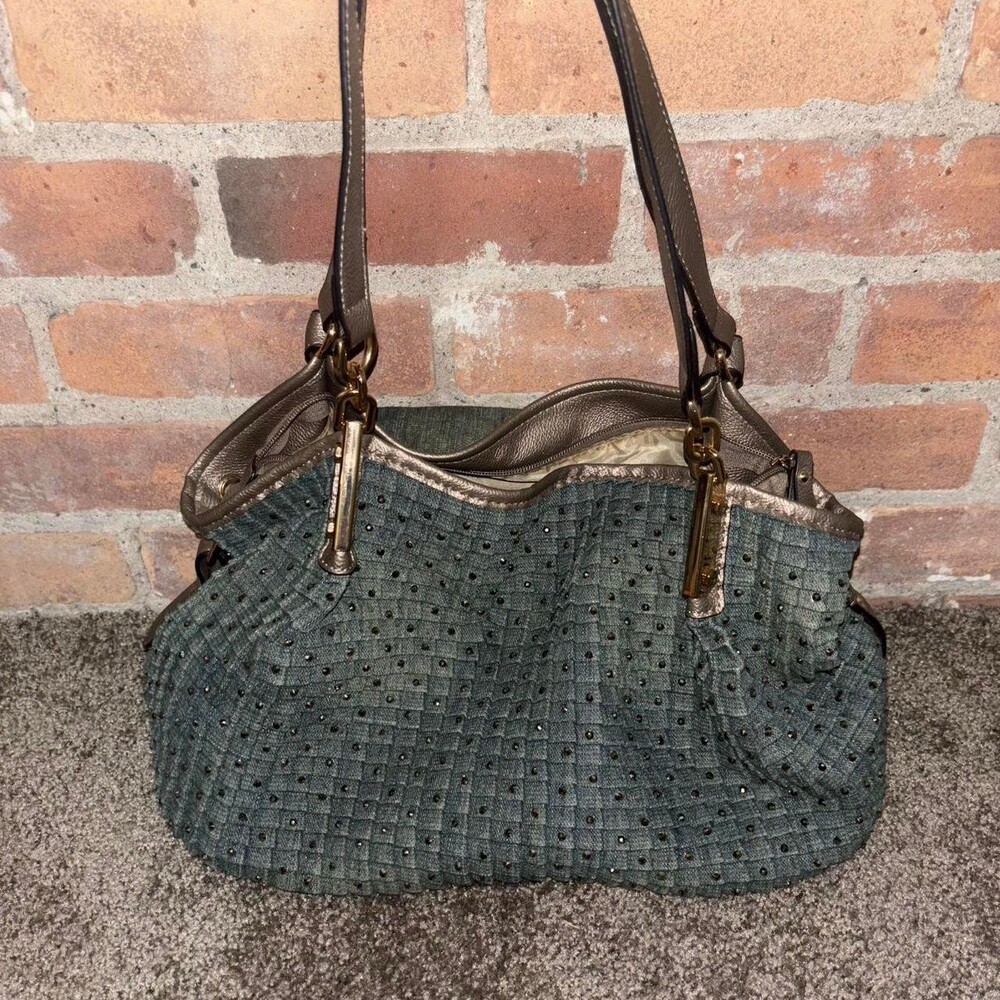 Vintage Y2k Style Handbag Blue Pleated Denim Stones Faux Leather Metallic
